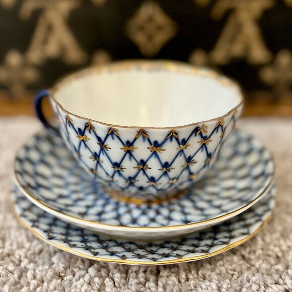 Lomonosov Imperial Russian Porcelain Tea Cup Saucer Plate Cobalt Blue Net Tulip - Picture 1 of 4